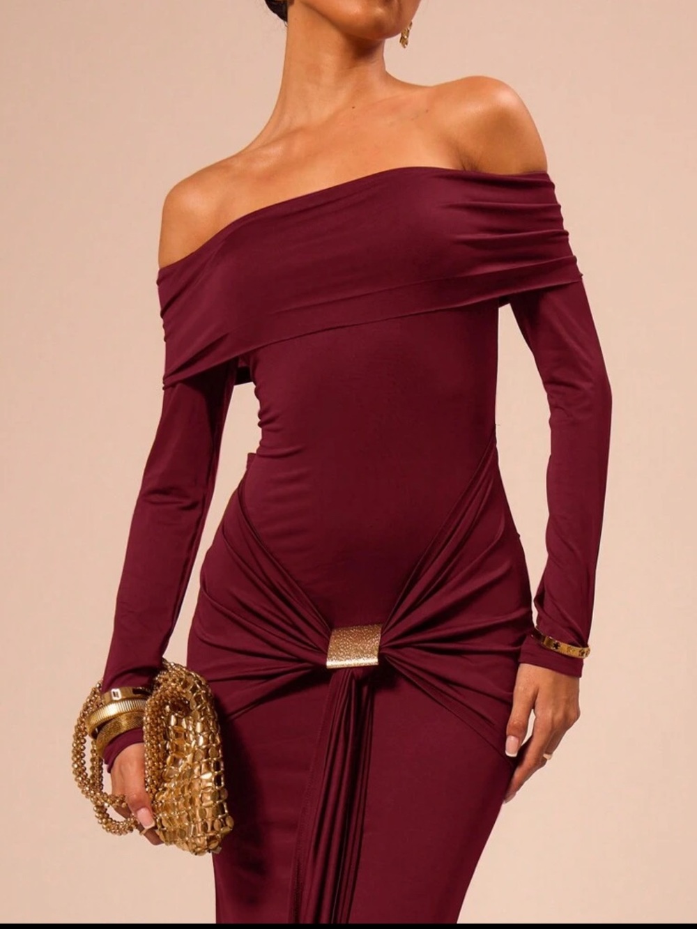 SHEIN Burgundy Off-Shoulder Long Sleeve Twist Dress